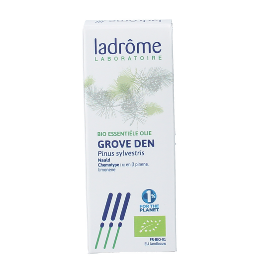 Ladrome Den olie bio 10ml bottle of organic essential oil, with a clear glass container and white cap, on a plain background.