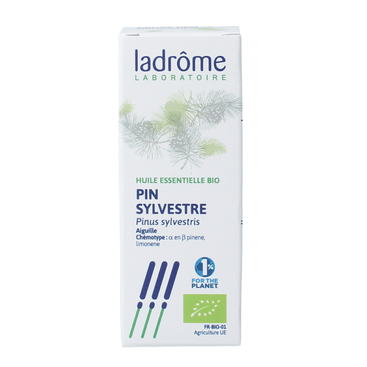 Ladrome Den olie bio 10ml bottle of natural essential oil with a clear glass container and white cap on a white background.