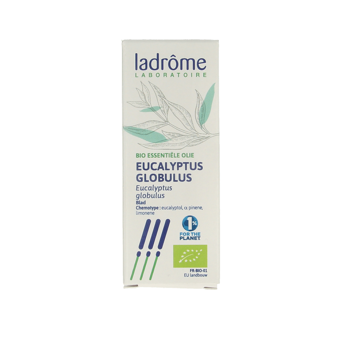 Ladrome Eucalyptus globulus organic oil in 10ml bottle, herbal preparation with fresh eucalyptus leaves and essential oil.