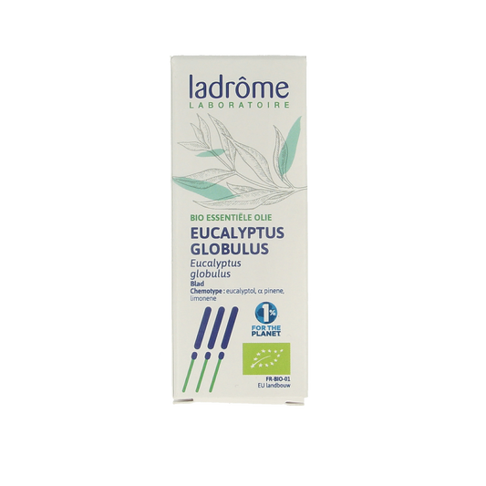 Ladrome Eucalyptus globulus organic oil in 10ml bottle, herbal preparation with fresh eucalyptus leaves and essential oil.