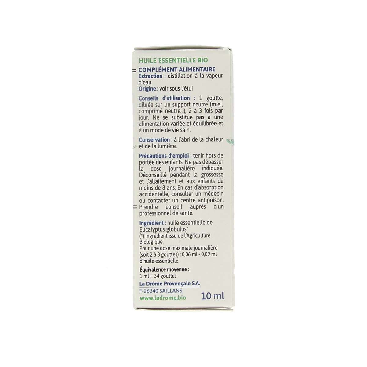 Ladrome Eucalyptus globulus organic oil in a 10ml bottle, natural herbal preparation for aromatic or therapeutic use.