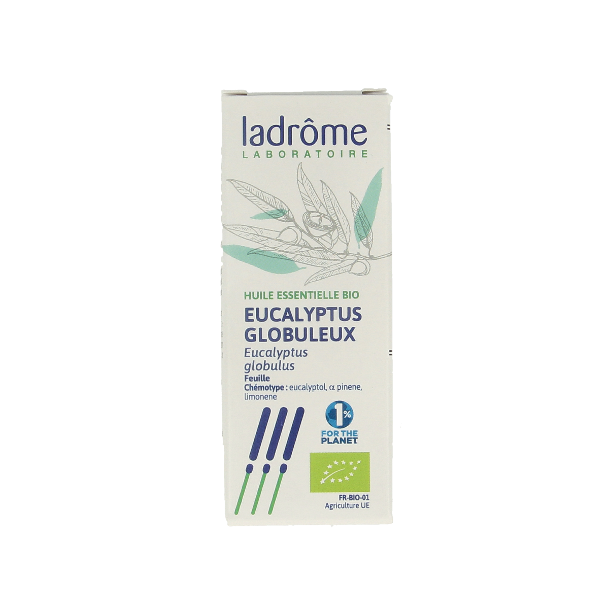 Ladrome Eucalyptus globulus organic essential oil in a 10ml bottle, ideal for herbal preparations and natural remedies.