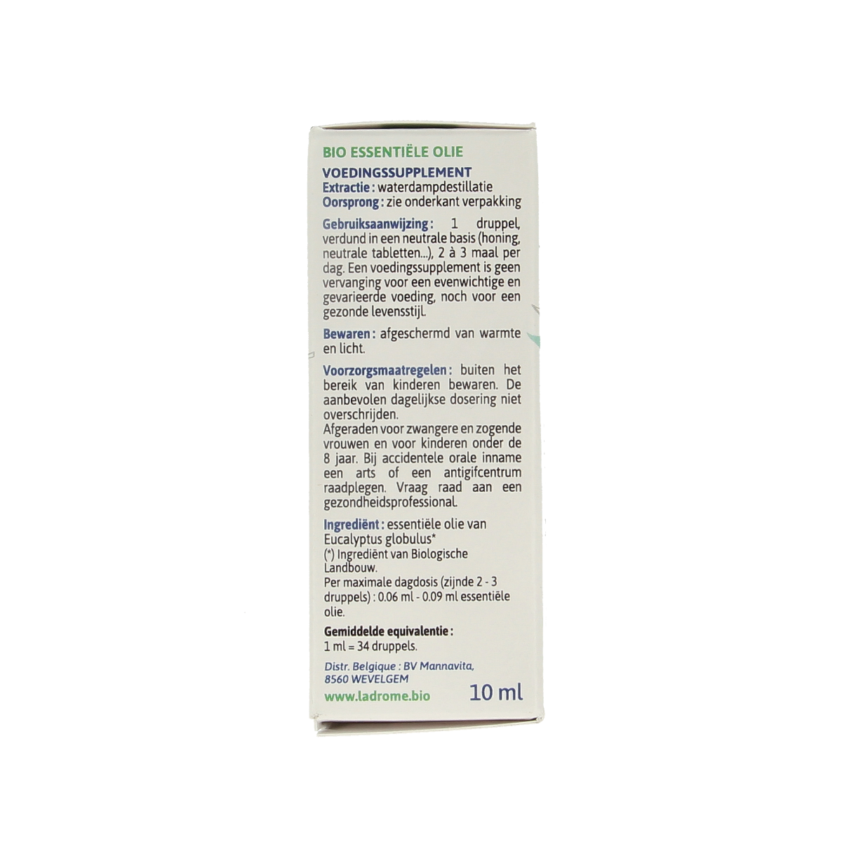Ladrome Eucalyptus globulus organic oil in 10ml bottle, herbal preparation with fresh eucalyptus leaves.