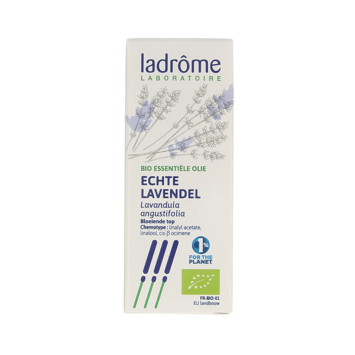 Ladrome bio lavender oil in 10ml bottle, natural herbal preparation with lavender flowers and essential oil.