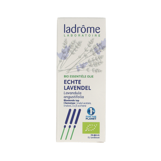 Ladrome bio lavender oil in 10ml bottle, natural herbal preparation with lavender flowers and essential oil.