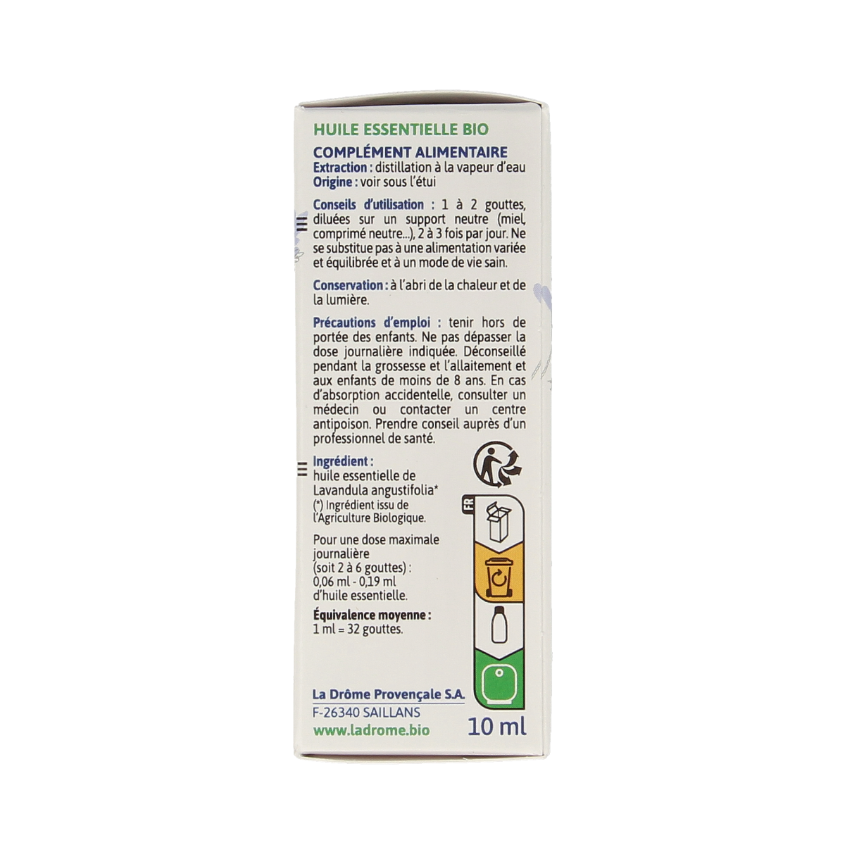 Ladrome organic lavender oil in a 10ml bottle, herbal preparation with fresh lavender flowers and a clear glass container.