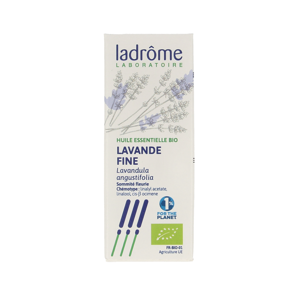 Ladrome bio lavender oil 10ml in a clear glass bottle, part of herbal preparations with a lavender aroma.
