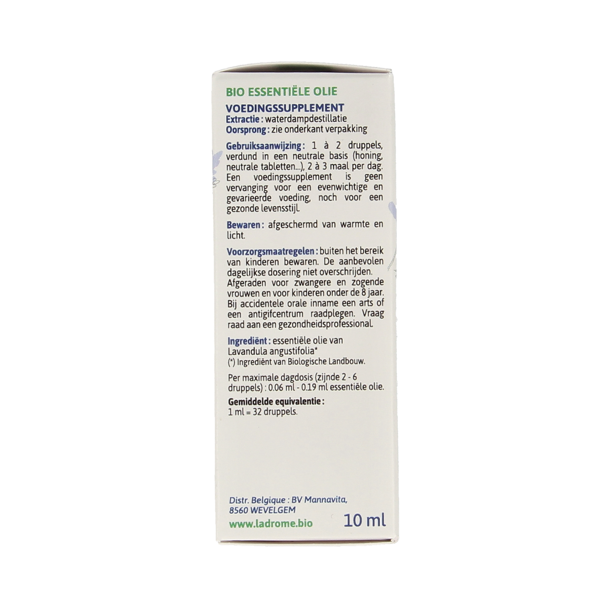Ladrome bio lavender essential oil in a 10ml bottle, herbal remedy with aromatic lavender flowers and dropper cap.