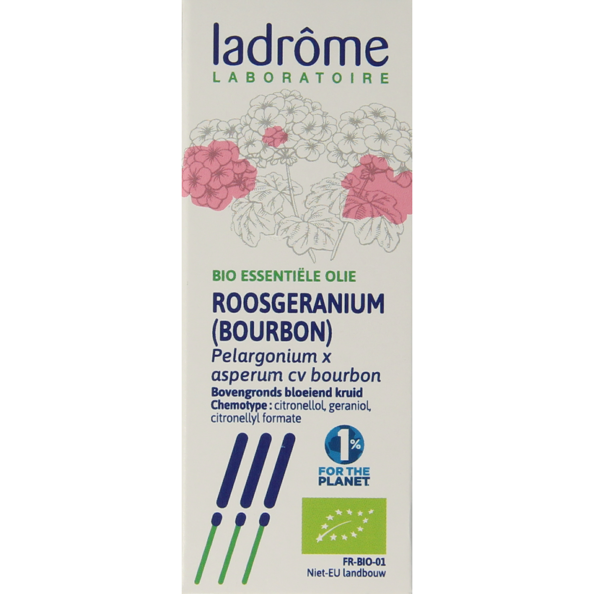 Ladrome Roos Geranium Bio Oil in 10ml bottle, herbal preparation with natural geranium oil for skincare.