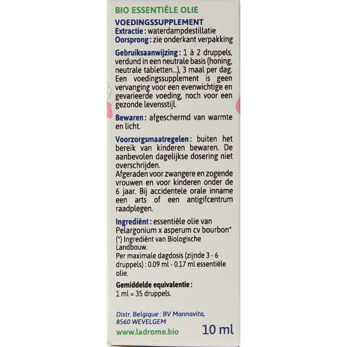 Ladrome Roos geranium organic oil in a 10ml bottle, displayed with botanical packaging and label details.