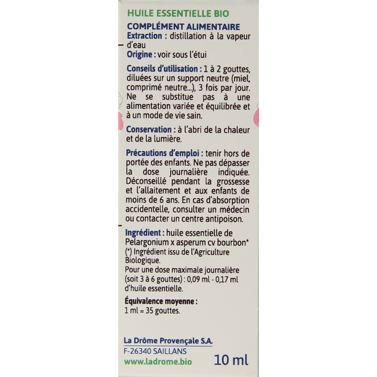 Ladrome Roos Geranium Bio Oil, 10ml, in a small glass bottle with a dropper cap, used for herbal preparations.