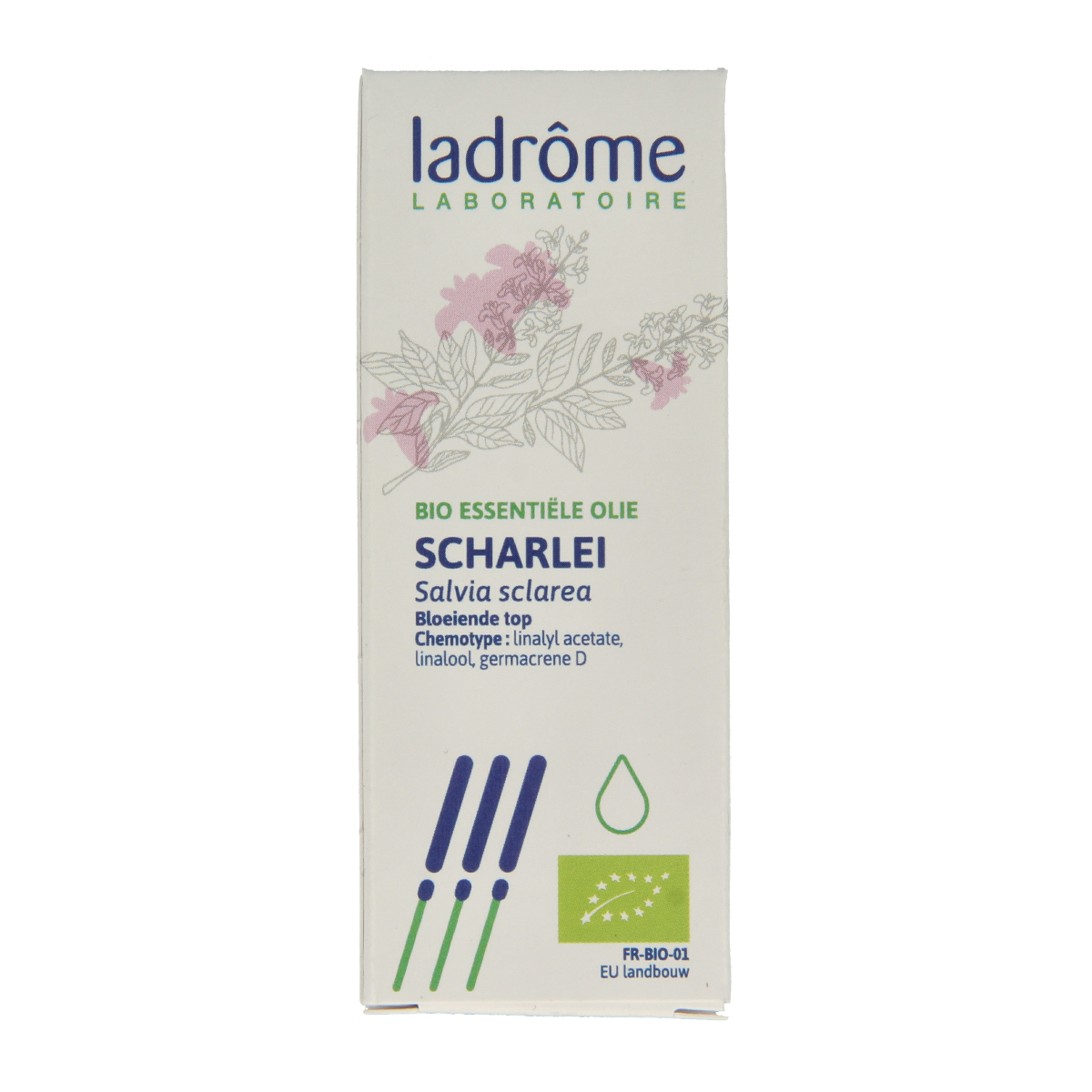 Ladrome Scharlei bio herbal oil bottle with dropper cap, 10ml, in a natural herbal preparation packaging.