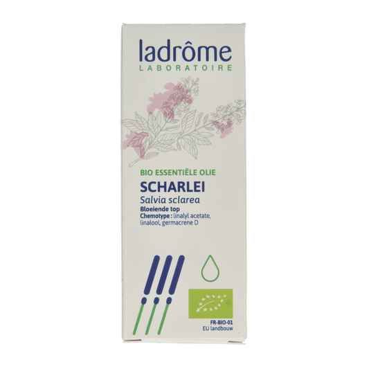 Ladrome Scharlei bio herbal oil bottle with dropper cap, 10ml, in a natural herbal preparation packaging.