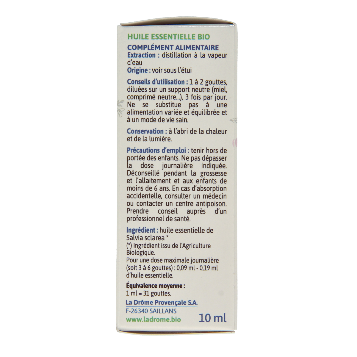 Ladrome Scharlei bio herbal oil bottle, 10ml, in a clear glass container with a white label and dropper cap.