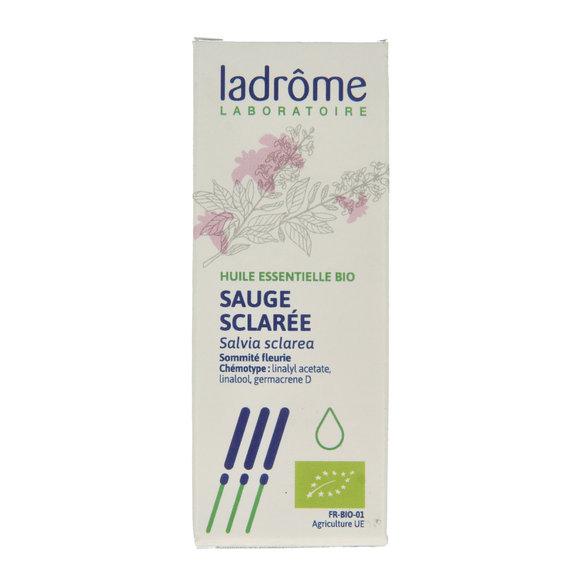 Ladrome Scharlei organic herbal oil in a 10ml bottle, featuring herbal preparation with natural ingredients for wellness.