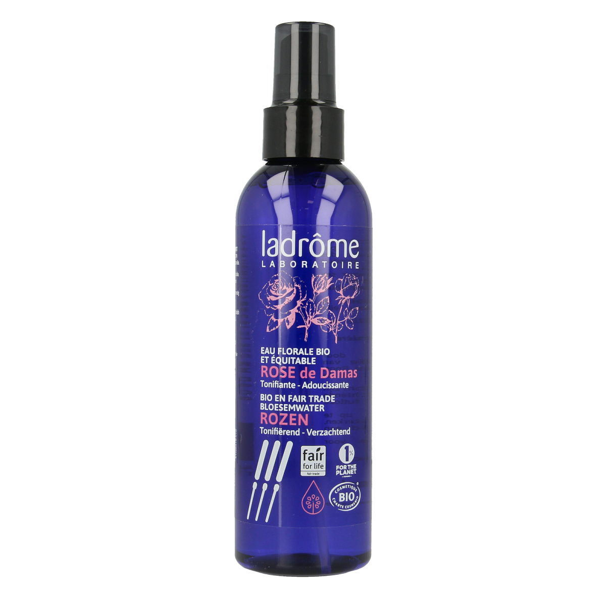 Ladrome bio rozenwater spray hydrolat for facial skincare in a 200ml spray bottle, natural floral water for hydrating skin.