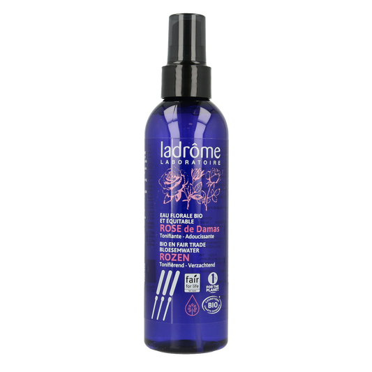 Ladrome bio rozenwater spray hydrolat for facial skincare in a 200ml spray bottle, natural floral water for hydrating skin.