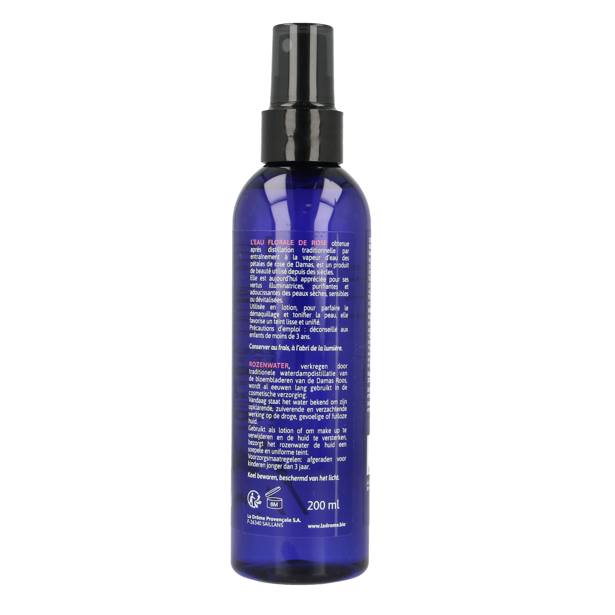 Ladrome bio Rozenwater spray hydrolat for face, 200ml, natural facial skincare product with rose water in a spray bottle.
