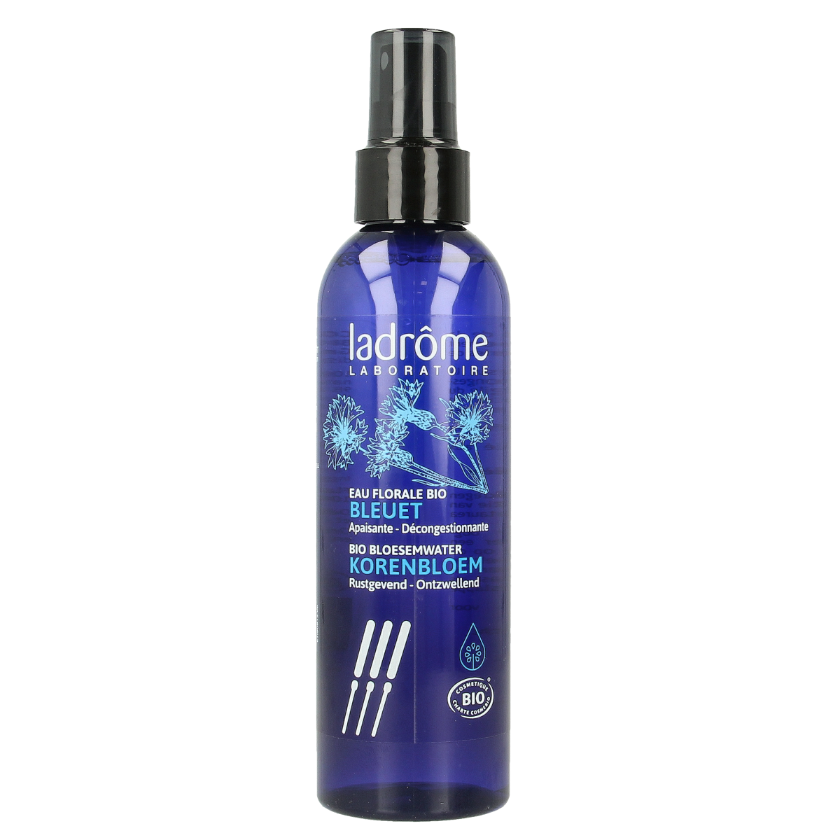 Ladrome Korenbloemwater hydrolaat spray in 200ml bottle, natural body care product with floral ingredients.