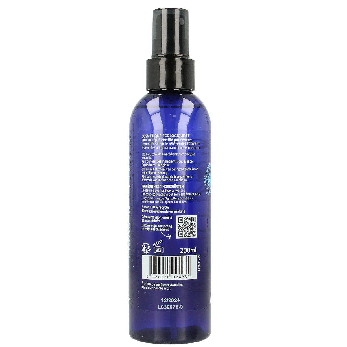 Ladrome Korenbloemwater hydrolaat spray in 200ml bottle, natural body care product with floral and soothing properties.