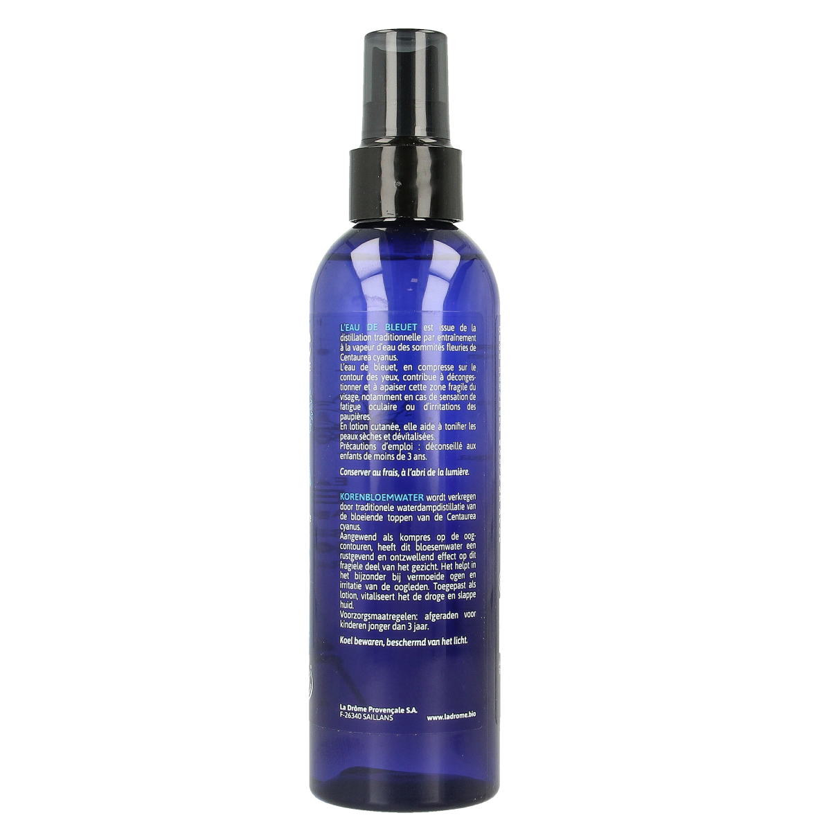 Ladrome Korenbloemwater hydrolaat spray in 200ml bottle, natural body care product with floral water for skincare.