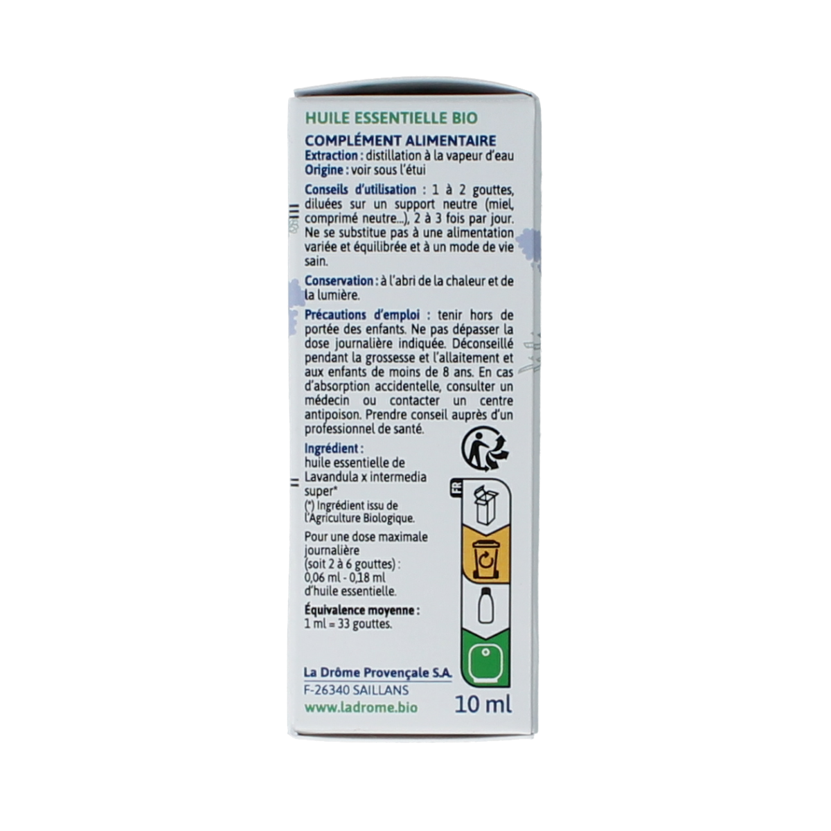 Ladrome bio lavandin essential oil in a 10ml bottle, natural lavender scent, for aromatherapy and relaxation.