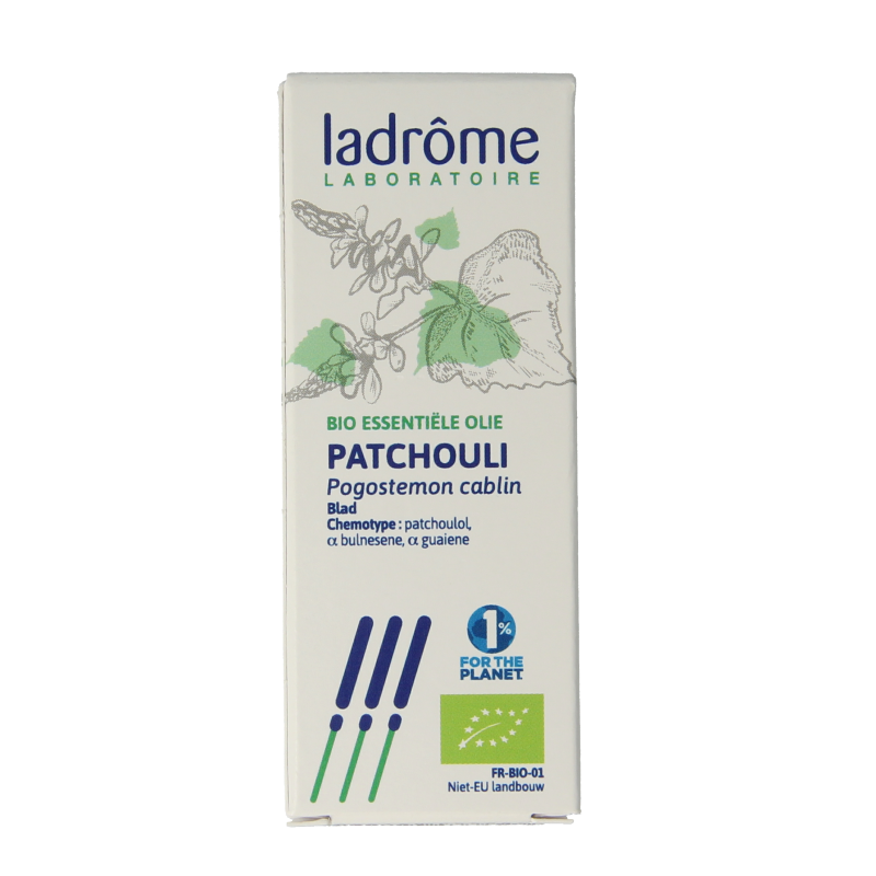 Ladrome Bio Patchouli Oil 10ml, herbal preparation bottle with natural patchouli oil for aromatherapy and skincare.
