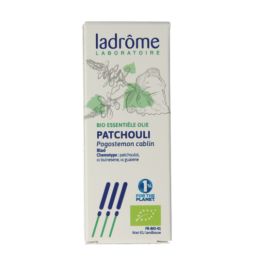Ladrome Bio Patchouli Oil 10ml, herbal preparation bottle with natural patchouli oil for aromatherapy and skincare.