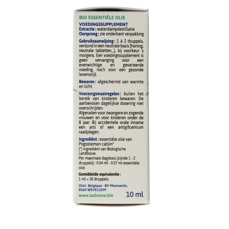 Ladrome Bio Patchouli oil in 10ml bottle, herbal preparation with natural patchouli essential oil.