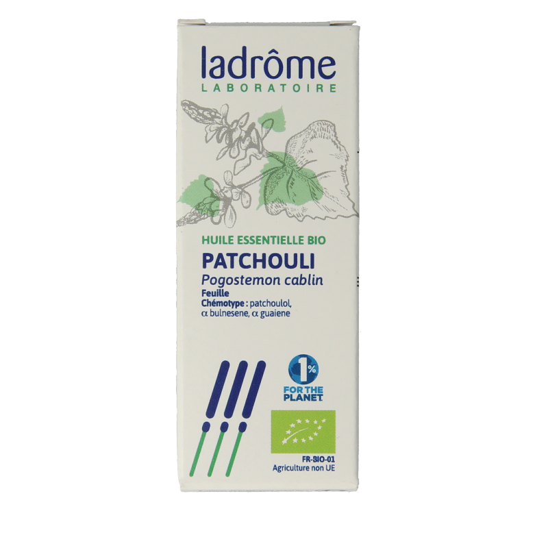 Ladrome bio patchouli oil in 10ml bottle, natural herbal preparation with amber liquid and dropper cap.