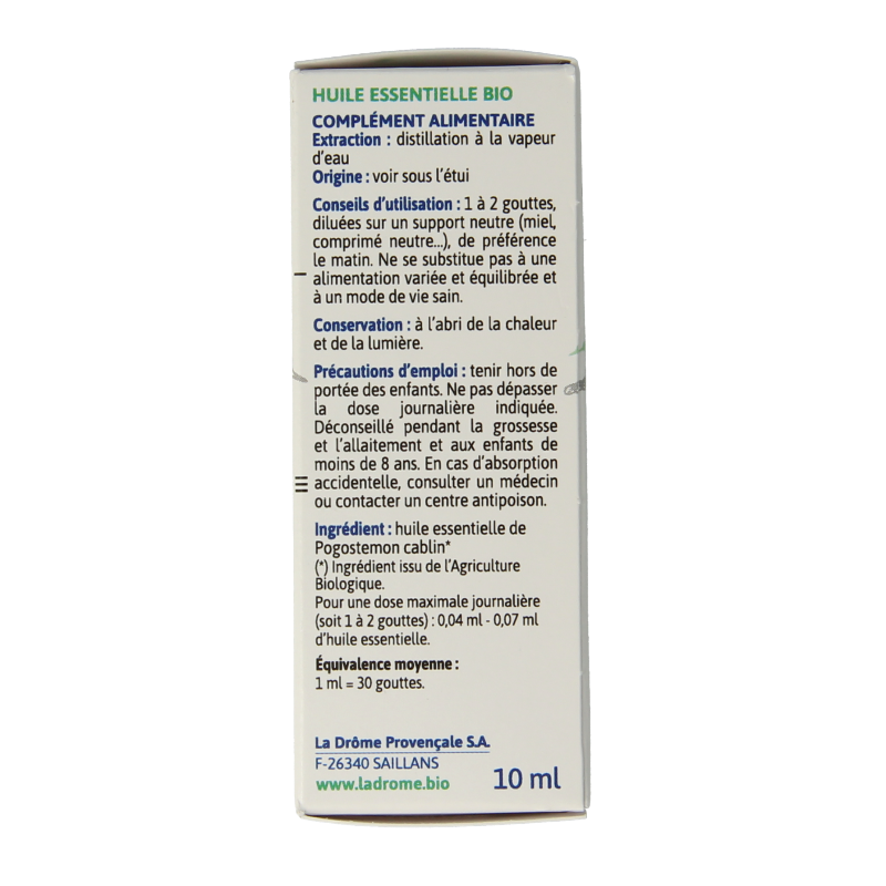 Ladrome bio Patchouli olie in 10ml bottle, herbal preparation with natural Patchouli aroma, for aromatic and therapeutic use.