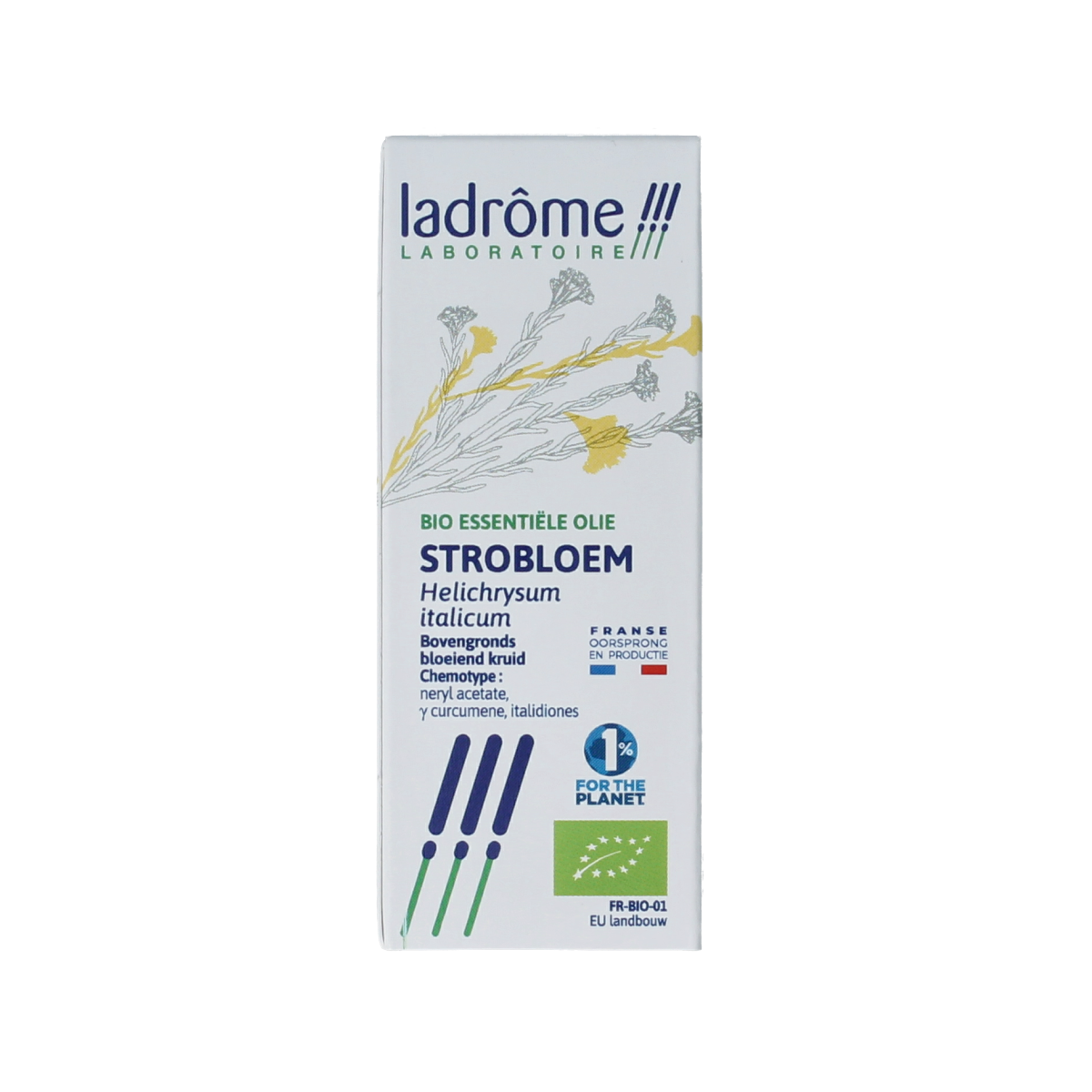 Ladrome Strobloem bio essential oil in 5ml bottle, natural etherische olie with floral scent, for aromatherapy and wellness.