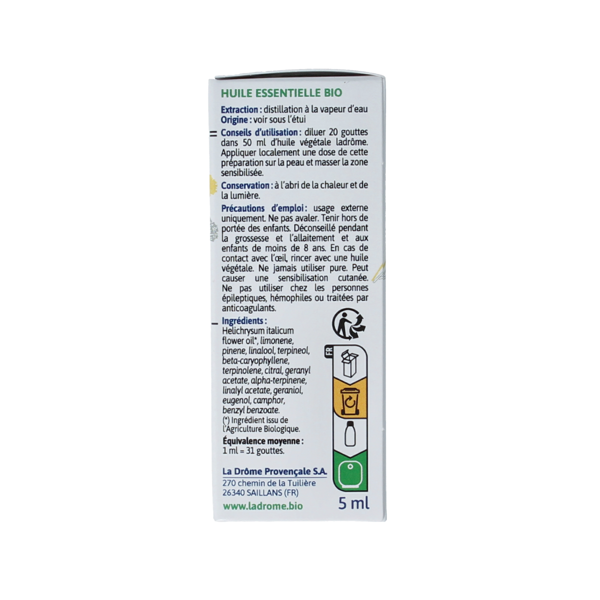 Ladrome Strobloem bio essential oil bottle, 5ml, with white label and amber glass container for natural aromatherapy use