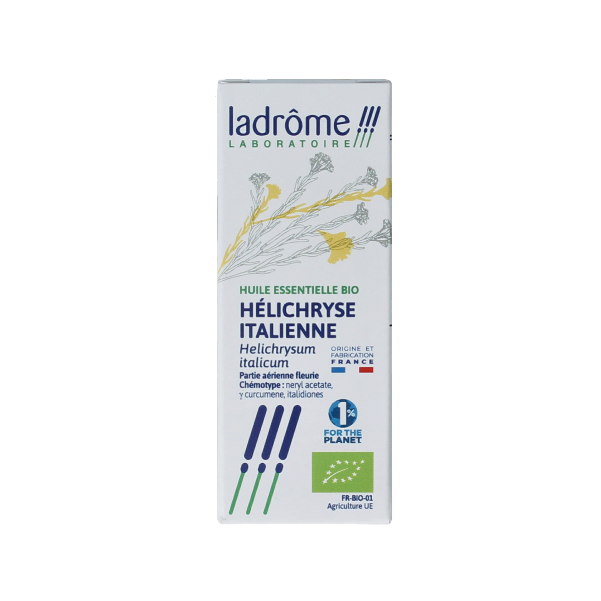 Ladrome Strobloem bio essential oil bottle, 5ml, featuring amber glass container with label, for aromatic and holistic use.