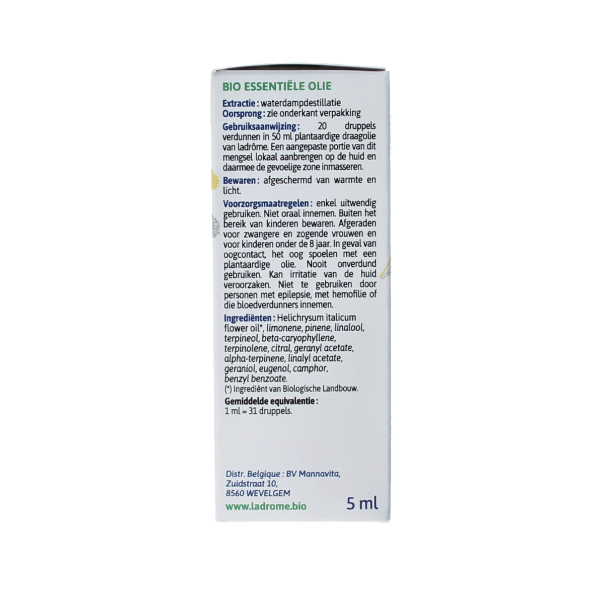 Ladrome Strobloem bio essential oil in 5ml bottle, showcasing the transparent container and amber-colored oil inside.