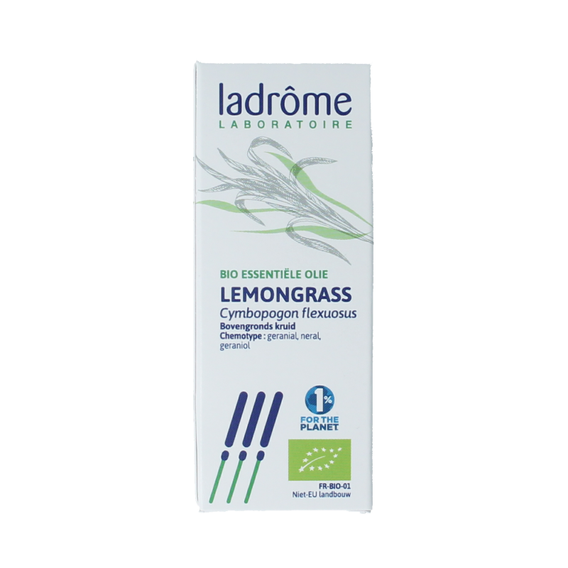 Ladrome Lemongrass bio oil in 10ml bottle, natural herbal preparation with fresh lemongrass leaves and packaging.