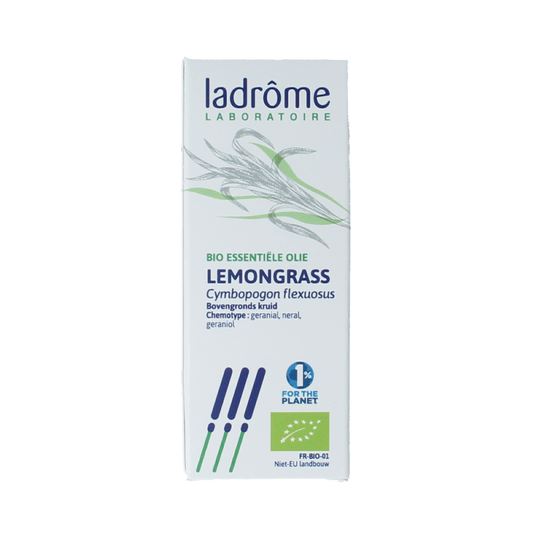 Ladrome Lemongrass bio oil in 10ml bottle, natural herbal preparation with fresh lemongrass leaves and packaging.