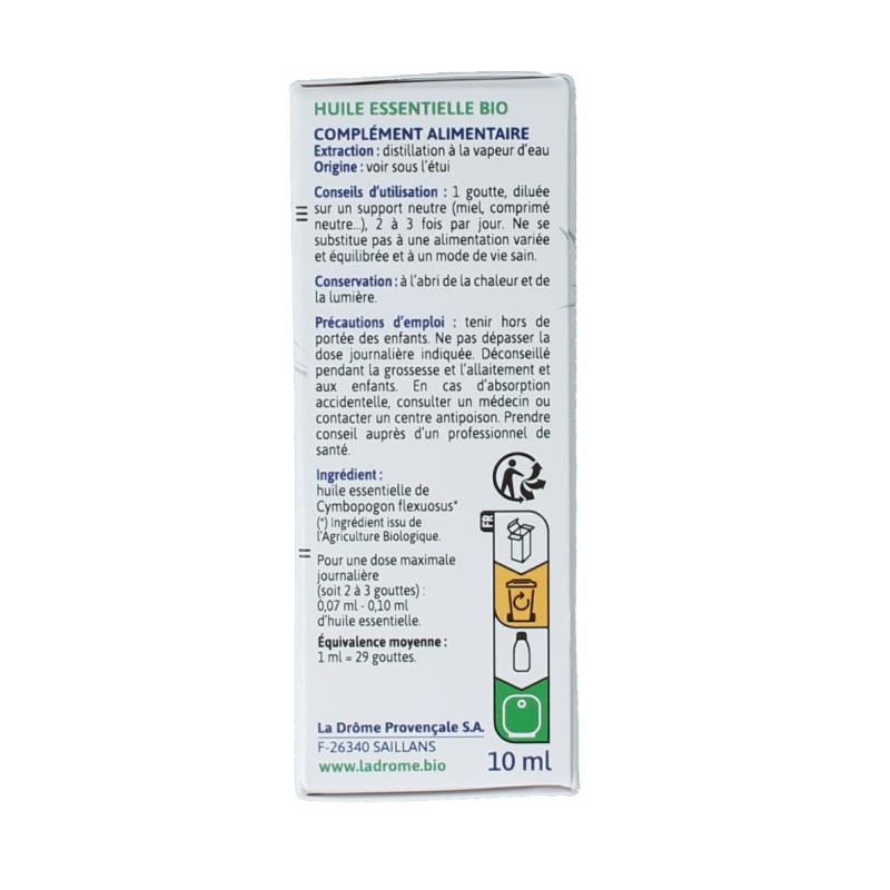 Ladrome organic lemongrass oil in a 10ml bottle, herbal extract from natural lemongrass plants, used in herbal preparations.