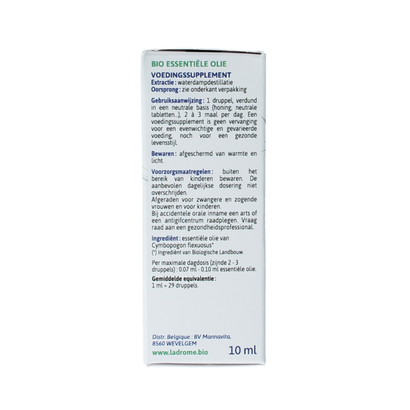 Ladrome bio lemongrass oil in 10ml bottle, natural herbal preparation with fresh lemongrass leaves and oil.