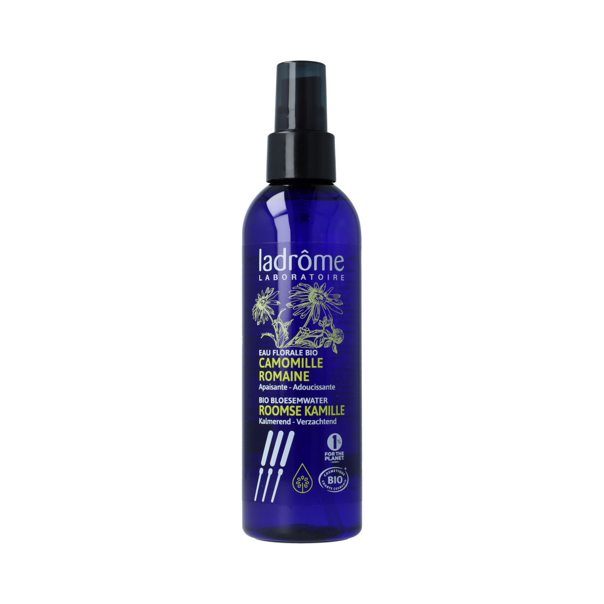 Ladrome Kamillewater bio hydrolat spray in 200ml bottle, natural body care product with chamomile extracts and soothing properties.