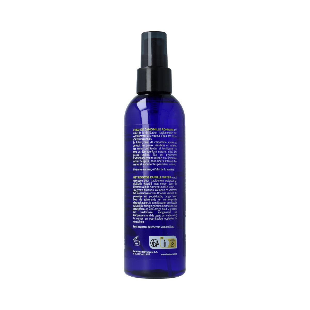 Ladrome Kamillewater bio hydrolat spray in 200ml bottle, natural body care product with soothing chamomile properties