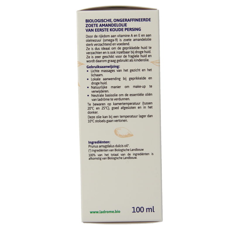 Ladrome Amandelolie zoet in 100ml bottle, natural body care product with almond oil, shown in a clear container.