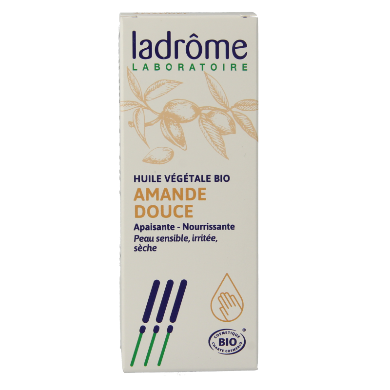 Ladrome Amandelolie zoet in 100ml bottle, natural sweet almond body care oil, clear container with oil inside.