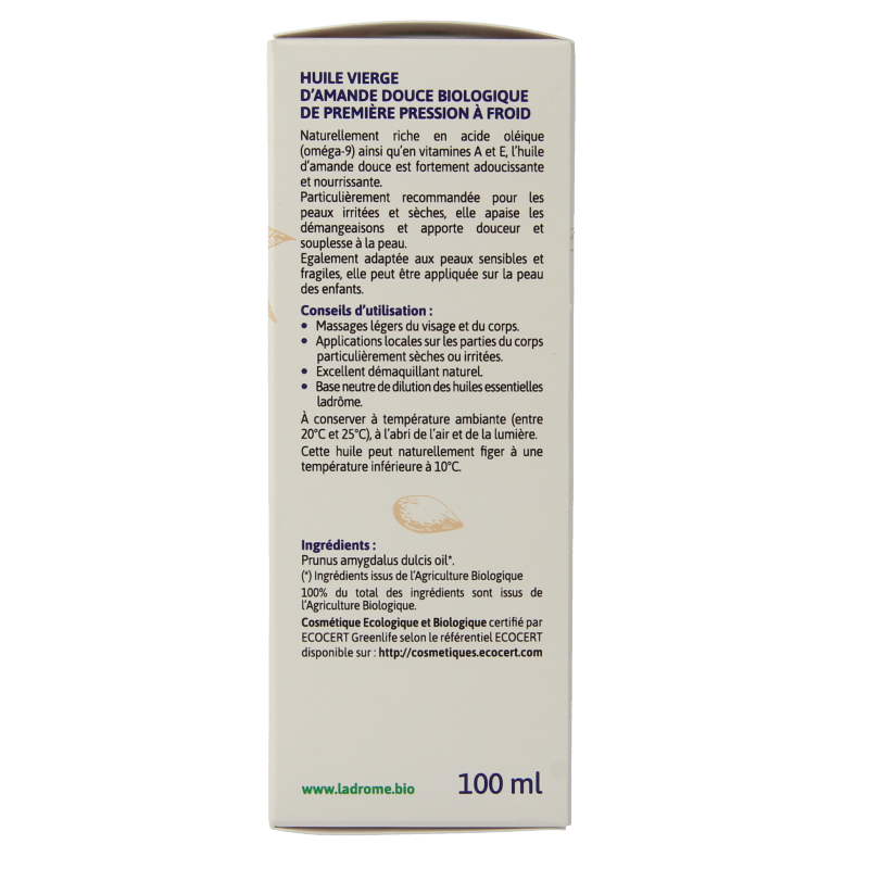 Ladrome Amandelolie zoet, 100ml, body care oil with almond extract, shown in a clear bottle with a white cap.