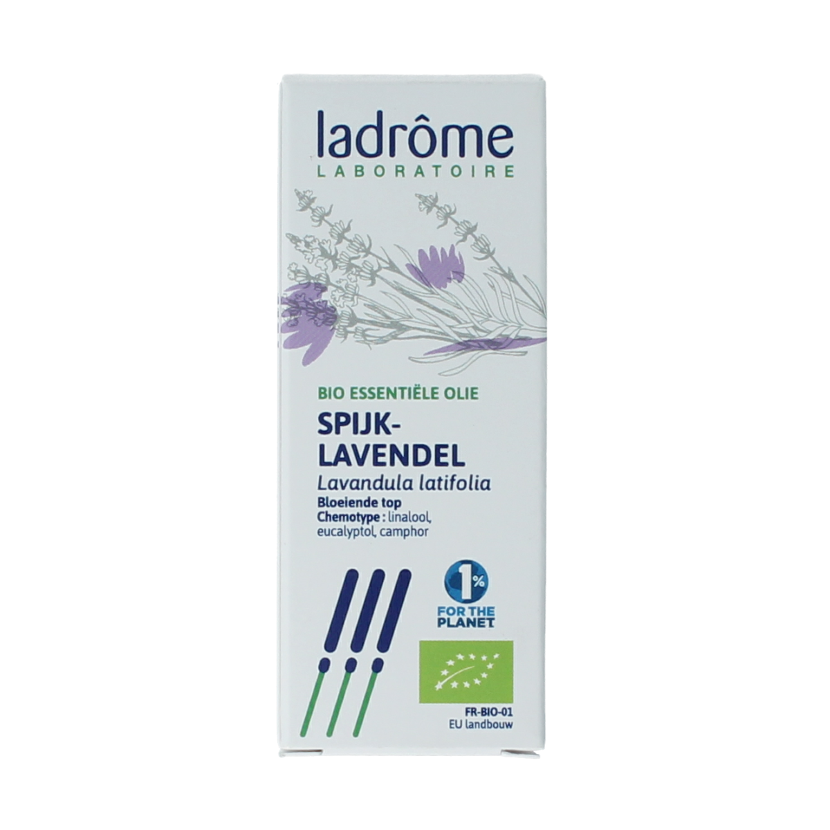 Ladrome lavendel bio essential oil in a 10ml bottle, featuring a clear glass container with a lavender-colored label and cap.
