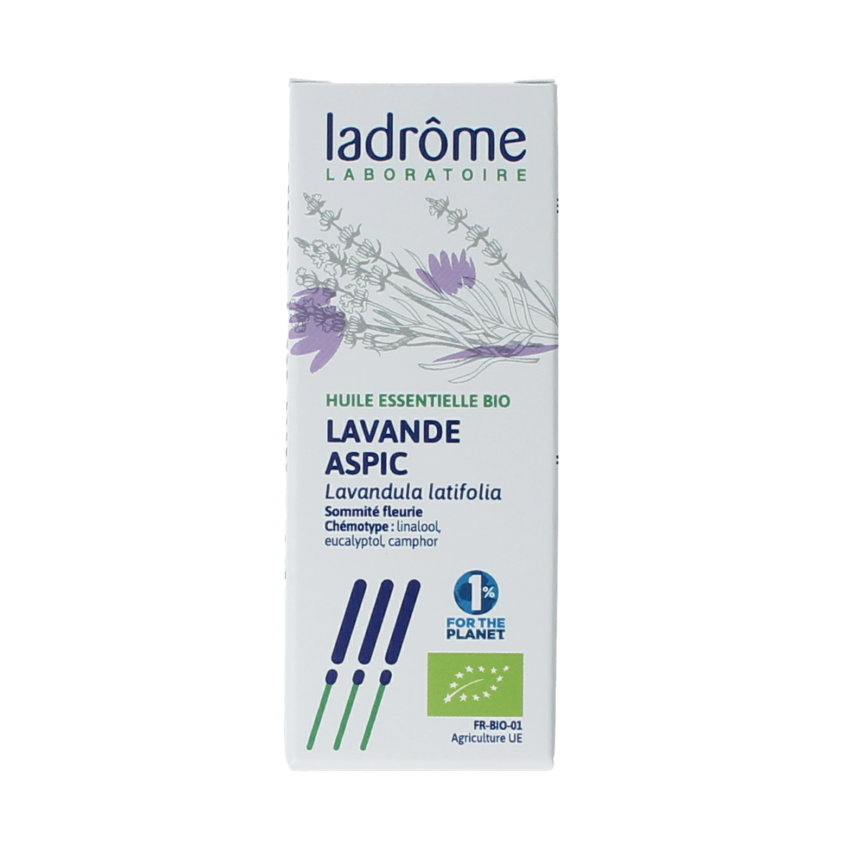 Ladrome lavender organic essential oil in a 10ml bottle, featuring a clear label and purple cap, on a neutral background.