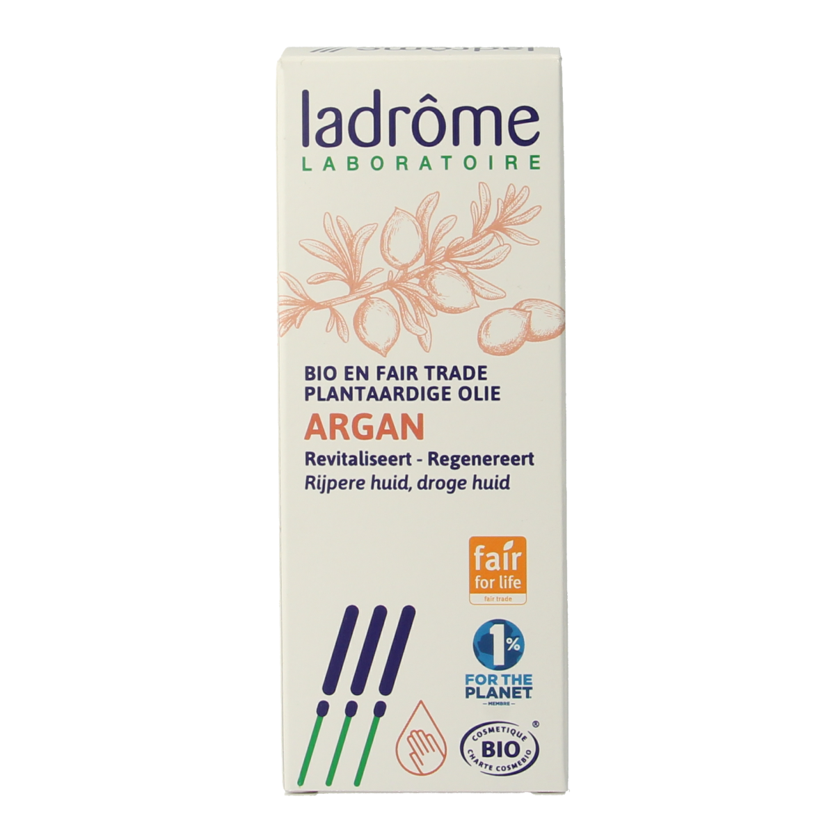 Ladrome Argan olie 100ml bottle for facial skincare, featuring a clear glass container with a dropper cap.