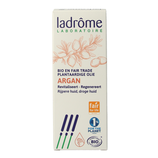 Ladrome Argan olie 100ml bottle for facial skincare, featuring a clear glass container with a dropper cap.