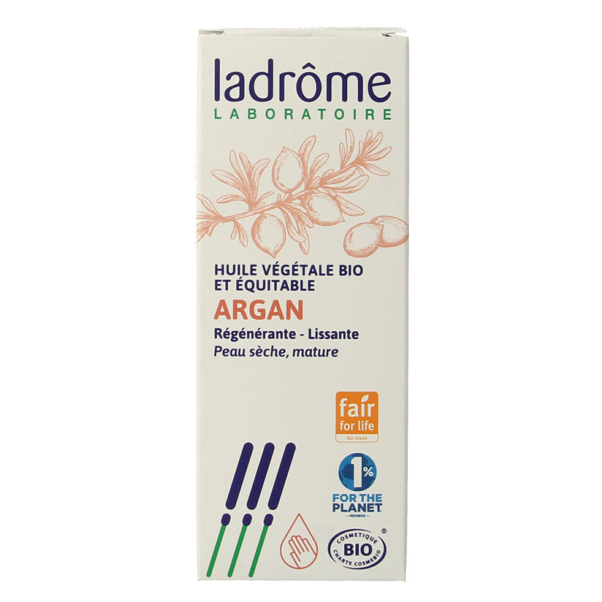 Ladrome Argan olie 100ml for facial skincare, featuring a clear dropper bottle with golden argan oil inside.
