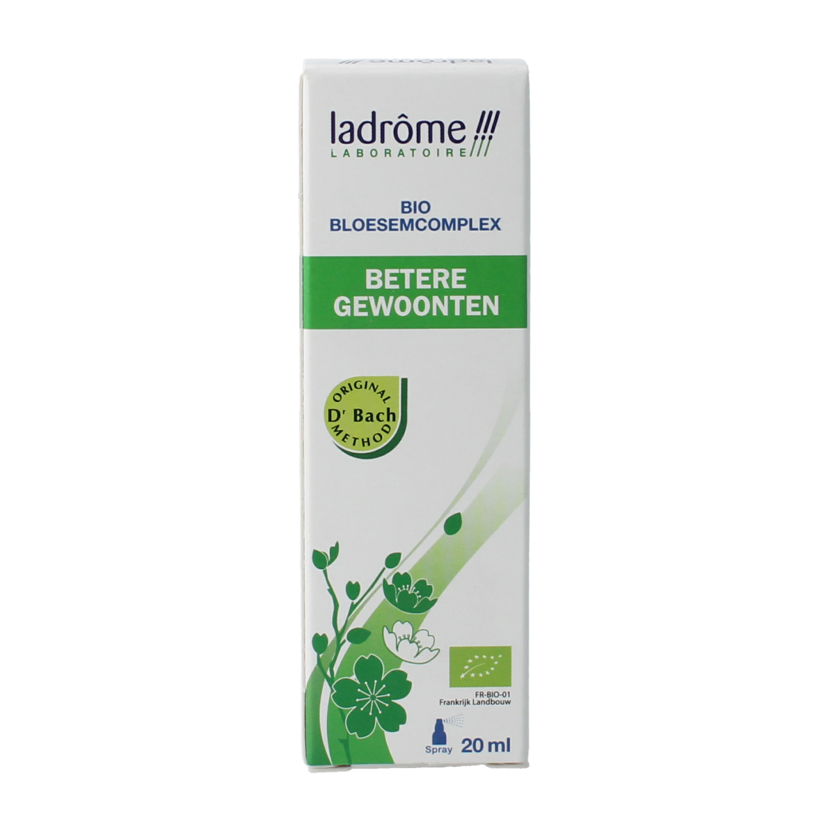 Ladrome Betere Gewoonten spray bio herbal preparation bottle, 20ml, with a white cap and label showing herbal ingredients.